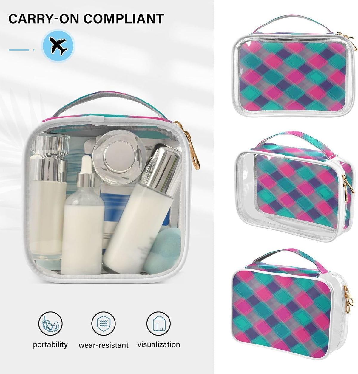 Clear Makeup Bag Approved Clear Travel Toiletry Bag with Zipper Waterproof Organizer Bags Transparent Cosmetic Pouch Traveling 2Pack Tile Color - Colors B