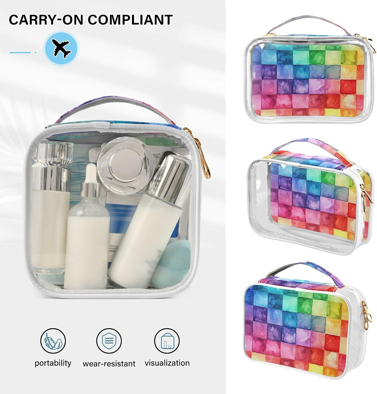 Clear Makeup Bag Approved Clear Travel Toiletry Bag with Zipper Waterproof Organizer Bags Transparent Cosmetic Pouch Traveling 2Pack Tile Color - Colors B