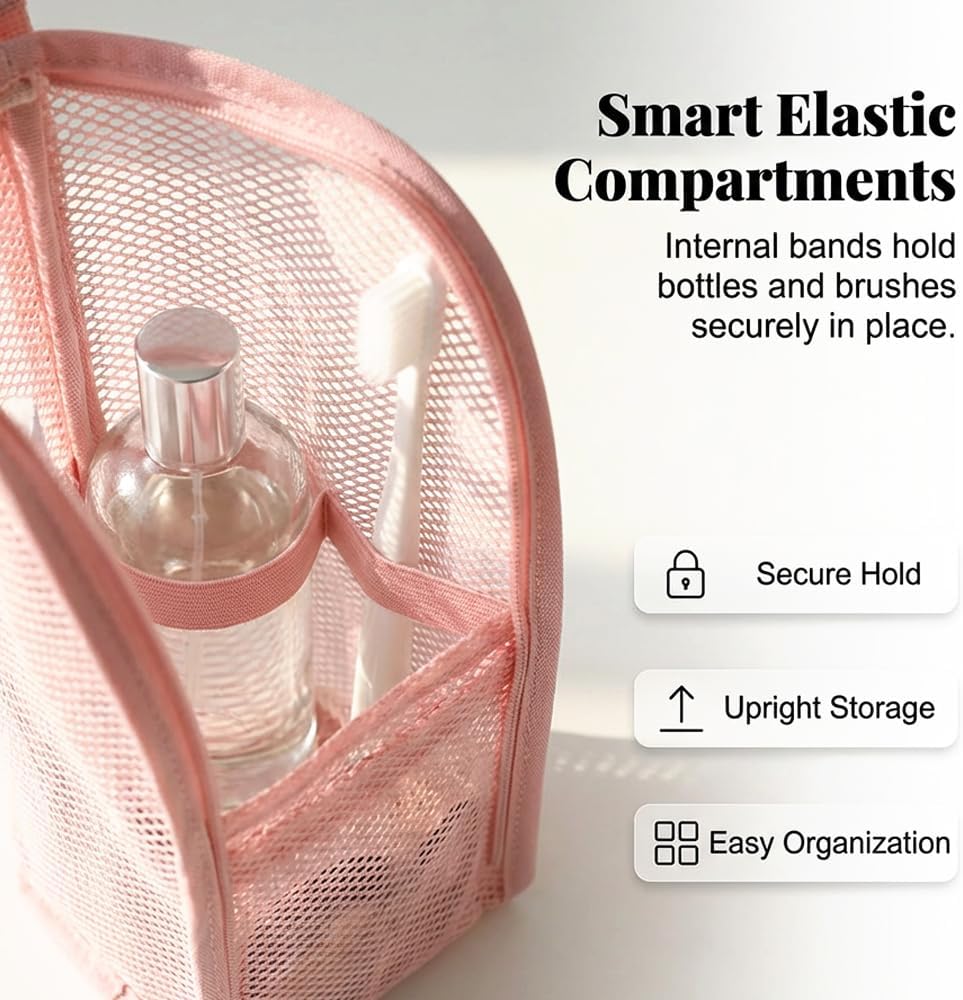 Standing Toiletry Bag, 2026 New Lightweight Foldable Travel Toiletry Bag, Waterproof Mesh Cosmetic Bag for Vacation, Portable Compact Toiletry Organizers for Weekends (White and Pink)