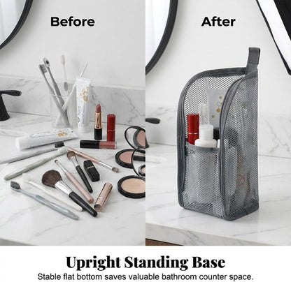 Standing Toiletry Bag, 2026 New Lightweight Foldable Travel Toiletry Bag, Waterproof Mesh Cosmetic Bag for Vacation, Portable Compact Toiletry Organizers for Weekends (White and Pink)