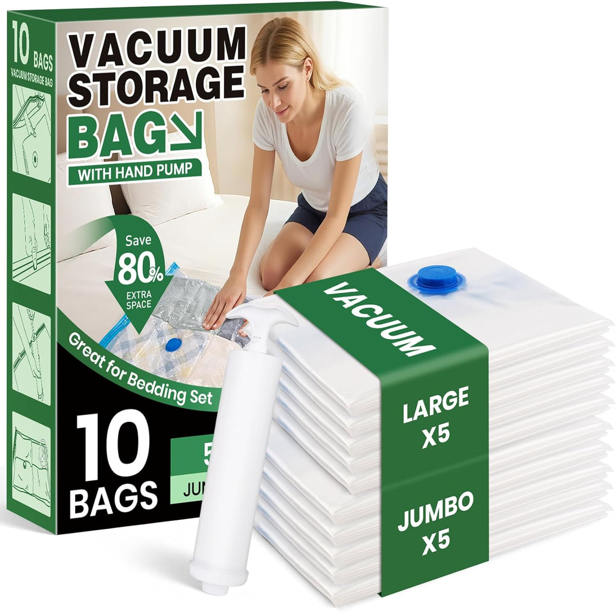 Vacuum Storage Bags,20Pack Vacuum Seal Bags for Clothing,Travel,Clothes,Comforters,Blankets,Pillows-4 Jumbo+4 Large+4 Medium+4 Small+4 Roll Up Space Saving Bag Hand Pump Inclued