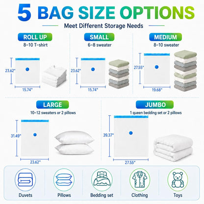 Vacuum Storage Bags,20Pack Vacuum Seal Bags for Clothing,Travel,Clothes,Comforters,Blankets,Pillows-4 Jumbo+4 Large+4 Medium+4 Small+4 Roll Up Space Saving Bag Hand Pump Inclued