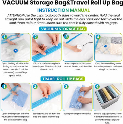 Vacuum Storage Bags,20Pack Vacuum Seal Bags for Clothing,Travel,Clothes,Comforters,Blankets,Pillows-4 Jumbo+4 Large+4 Medium+4 Small+4 Roll Up Space Saving Bag Hand Pump Inclued