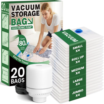 Vacuum Storage Bags,20Pack Vacuum Seal Bags for Clothing,Travel,Clothes,Comforters,Blankets,Pillows-4 Jumbo+4 Large+4 Medium+4 Small+4 Roll Up Space Saving Bag Hand Pump Inclued