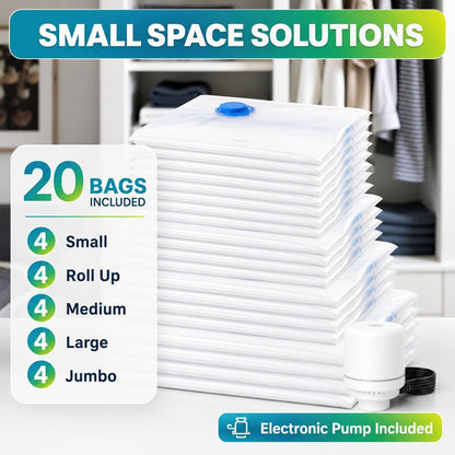 Vacuum Storage Bags,20Pack Vacuum Seal Bags for Clothing,Travel,Clothes,Comforters,Blankets,Pillows-4 Jumbo+4 Large+4 Medium+4 Small+4 Roll Up Space Saving Bag Hand Pump Inclued