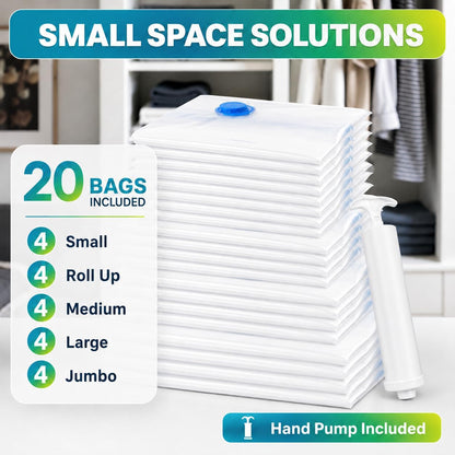 Vacuum Storage Bags,20Pack Vacuum Seal Bags for Clothing,Travel,Clothes,Comforters,Blankets,Pillows-4 Jumbo+4 Large+4 Medium+4 Small+4 Roll Up Space Saving Bag Hand Pump Inclued