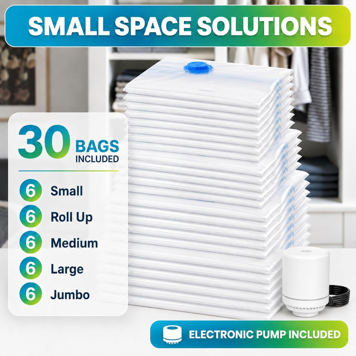 Vacuum Storage Bags,20Pack Vacuum Seal Bags for Clothing,Travel,Clothes,Comforters,Blankets,Pillows-4 Jumbo+4 Large+4 Medium+4 Small+4 Roll Up Space Saving Bag Hand Pump Inclued