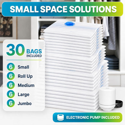 Vacuum Storage Bags,20Pack Vacuum Seal Bags for Clothing,Travel,Clothes,Comforters,Blankets,Pillows-4 Jumbo+4 Large+4 Medium+4 Small+4 Roll Up Space Saving Bag Hand Pump Inclued