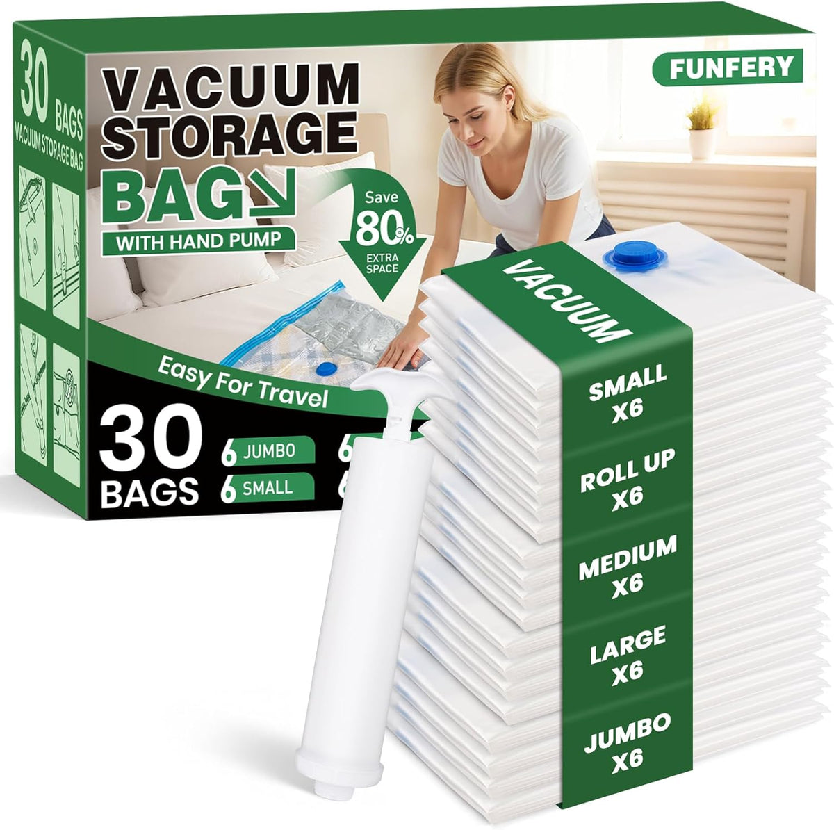 Vacuum Storage Bags,20Pack Vacuum Seal Bags for Clothing,Travel,Clothes,Comforters,Blankets,Pillows-4 Jumbo+4 Large+4 Medium+4 Small+4 Roll Up Space Saving Bag Hand Pump Inclued