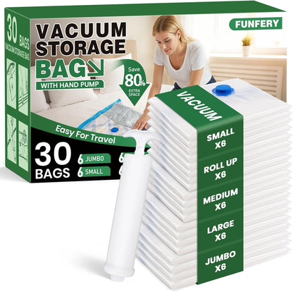 Vacuum Storage Bags,20Pack Vacuum Seal Bags for Clothing,Travel,Clothes,Comforters,Blankets,Pillows-4 Jumbo+4 Large+4 Medium+4 Small+4 Roll Up Space Saving Bag Hand Pump Inclued