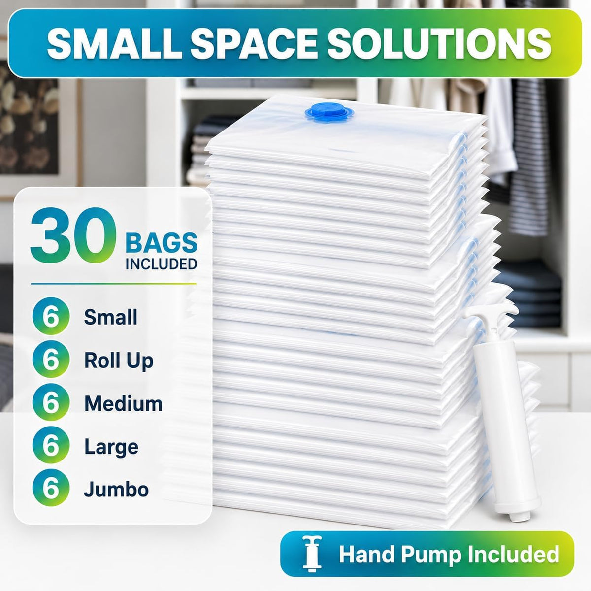 Vacuum Storage Bags,20Pack Vacuum Seal Bags for Clothing,Travel,Clothes,Comforters,Blankets,Pillows-4 Jumbo+4 Large+4 Medium+4 Small+4 Roll Up Space Saving Bag Hand Pump Inclued