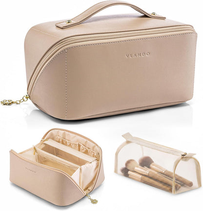 Makeup Bag,Travel Toiletry Bag,Cosmetic Bag for Women PU Leather Portable Make up Bag for Skincare, Brushes & Travel Essentials-Pink