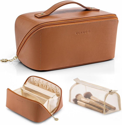 Makeup Bag,Travel Toiletry Bag,Cosmetic Bag for Women PU Leather Portable Make up Bag for Skincare, Brushes & Travel Essentials-Pink
