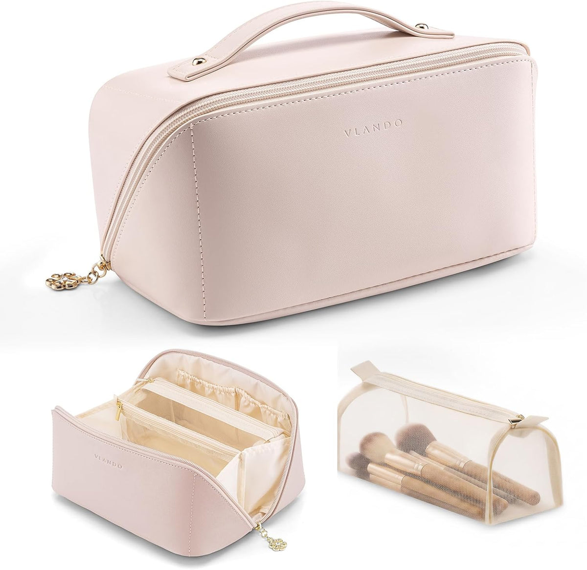 Makeup Bag,Travel Toiletry Bag,Cosmetic Bag for Women PU Leather Portable Make up Bag for Skincare, Brushes & Travel Essentials-Pink