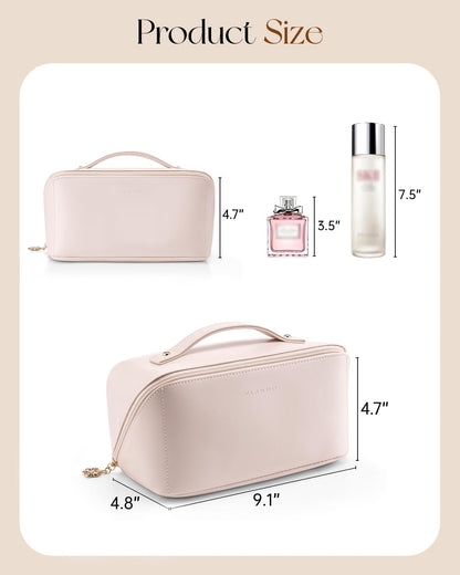Makeup Bag,Travel Toiletry Bag,Cosmetic Bag for Women PU Leather Portable Make up Bag for Skincare, Brushes & Travel Essentials-Pink