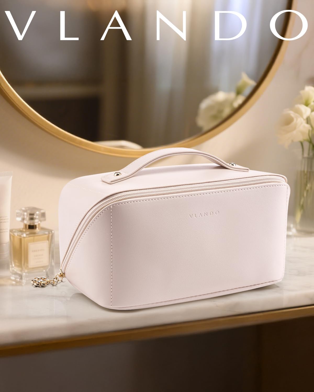 Makeup Bag,Travel Toiletry Bag,Cosmetic Bag for Women PU Leather Portable Make up Bag for Skincare, Brushes & Travel Essentials-Pink