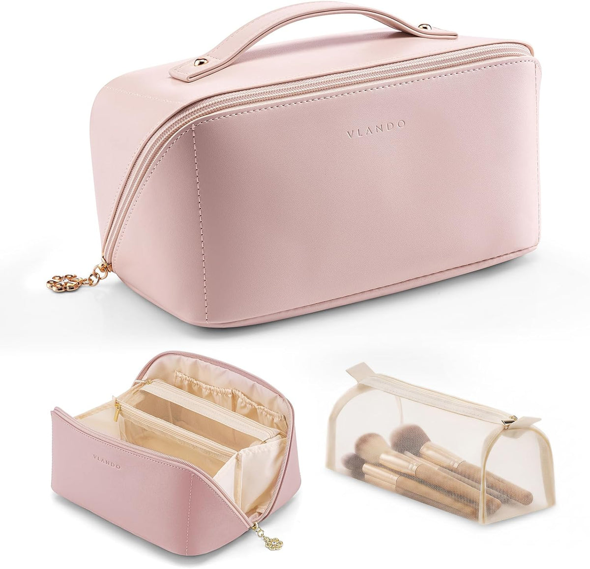 Makeup Bag,Travel Toiletry Bag,Cosmetic Bag for Women PU Leather Portable Make up Bag for Skincare, Brushes & Travel Essentials-Pink