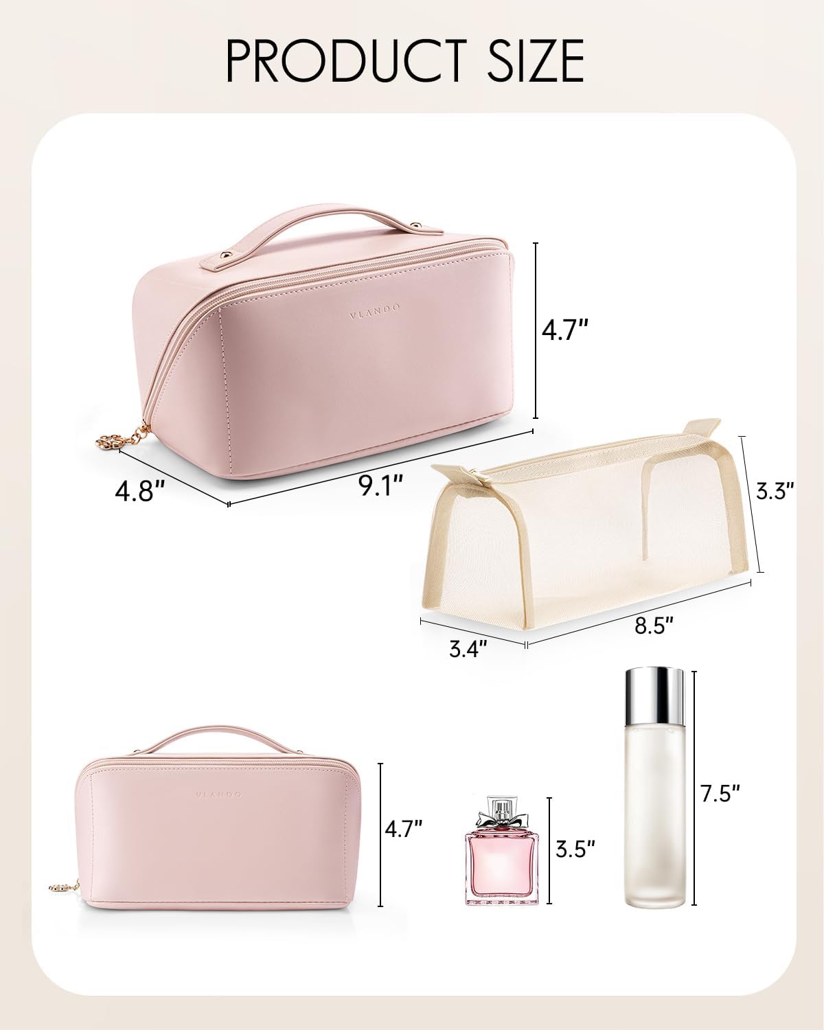 Makeup Bag,Travel Toiletry Bag,Cosmetic Bag for Women PU Leather Portable Make up Bag for Skincare, Brushes & Travel Essentials-Pink