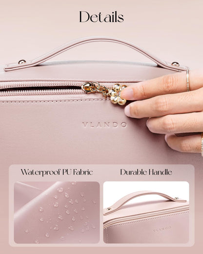 Makeup Bag,Travel Toiletry Bag,Cosmetic Bag for Women PU Leather Portable Make up Bag for Skincare, Brushes & Travel Essentials-Pink