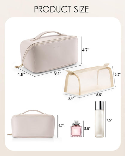 Makeup Bag,Travel Toiletry Bag,Cosmetic Bag for Women PU Leather Portable Make up Bag for Skincare, Brushes & Travel Essentials-Pink