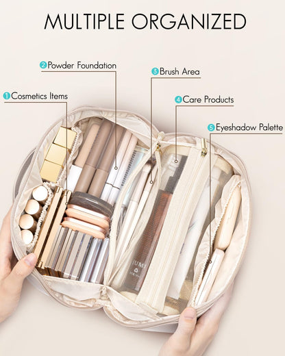 Makeup Bag,Travel Toiletry Bag,Cosmetic Bag for Women PU Leather Portable Make up Bag for Skincare, Brushes & Travel Essentials-Pink