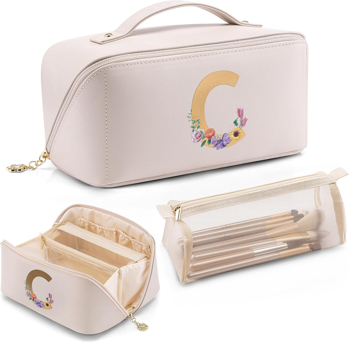 Makeup Bag,Travel Toiletry Bag,Cosmetic Bag for Women PU Leather Portable Make up Bag for Skincare, Brushes & Travel Essentials-Pink