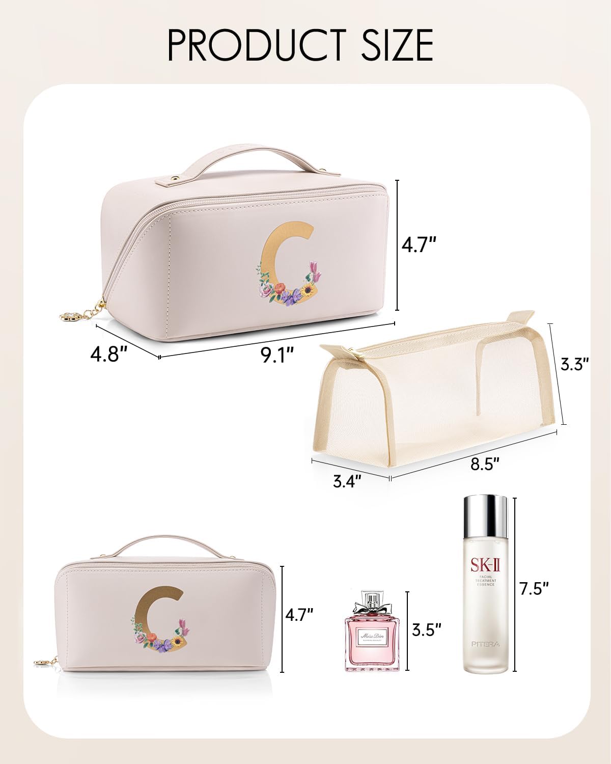 Makeup Bag,Travel Toiletry Bag,Cosmetic Bag for Women PU Leather Portable Make up Bag for Skincare, Brushes & Travel Essentials-Pink