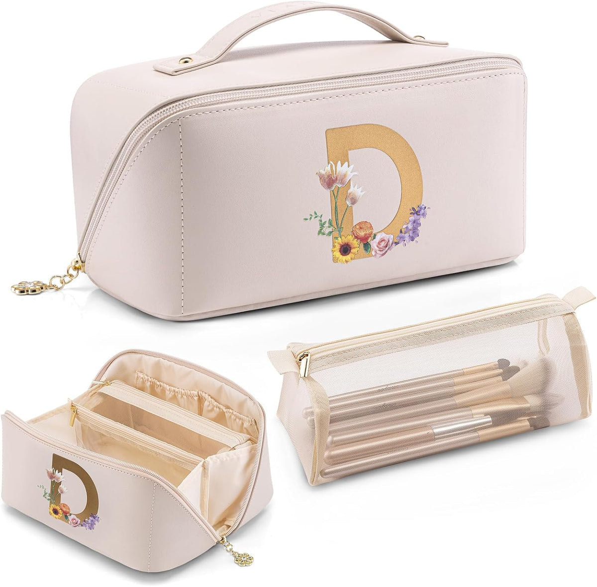 Makeup Bag,Travel Toiletry Bag,Cosmetic Bag for Women PU Leather Portable Make up Bag for Skincare, Brushes & Travel Essentials-Pink