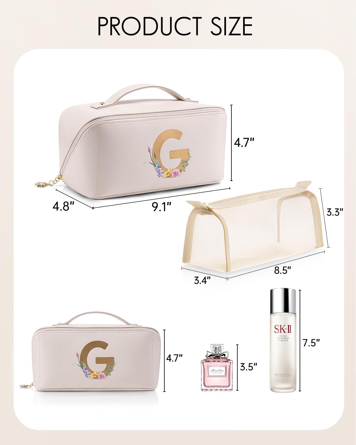 Makeup Bag,Travel Toiletry Bag,Cosmetic Bag for Women PU Leather Portable Make up Bag for Skincare, Brushes & Travel Essentials-Pink