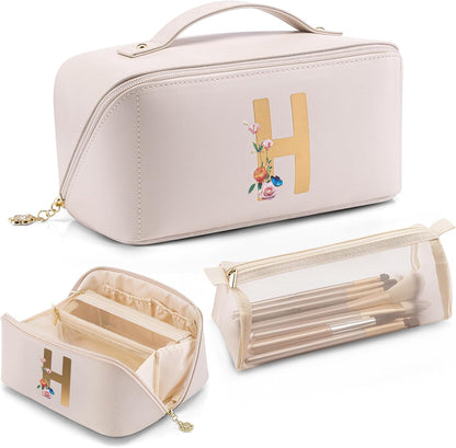 Makeup Bag,Travel Toiletry Bag,Cosmetic Bag for Women PU Leather Portable Make up Bag for Skincare, Brushes & Travel Essentials-Pink