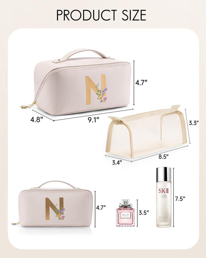Makeup Bag,Travel Toiletry Bag,Cosmetic Bag for Women PU Leather Portable Make up Bag for Skincare, Brushes & Travel Essentials-Pink