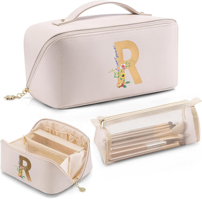 Makeup Bag,Travel Toiletry Bag,Cosmetic Bag for Women PU Leather Portable Make up Bag for Skincare, Brushes & Travel Essentials-Pink