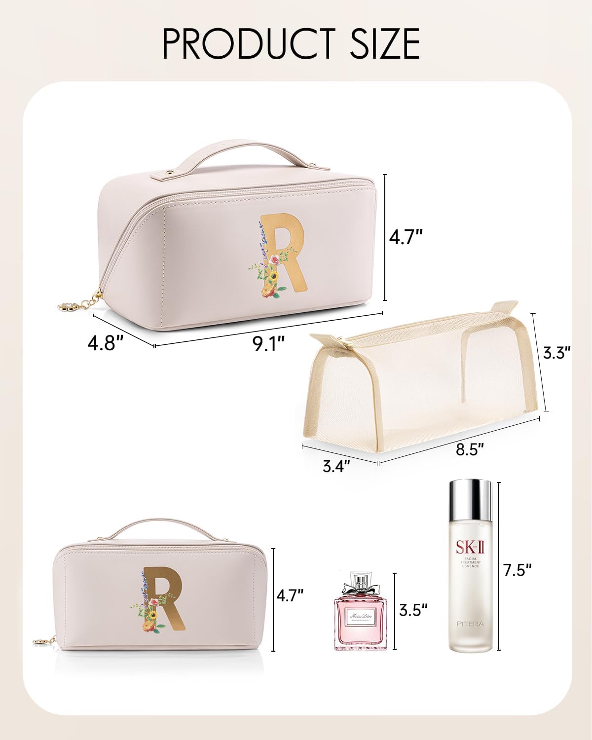 Makeup Bag,Travel Toiletry Bag,Cosmetic Bag for Women PU Leather Portable Make up Bag for Skincare, Brushes & Travel Essentials-Pink