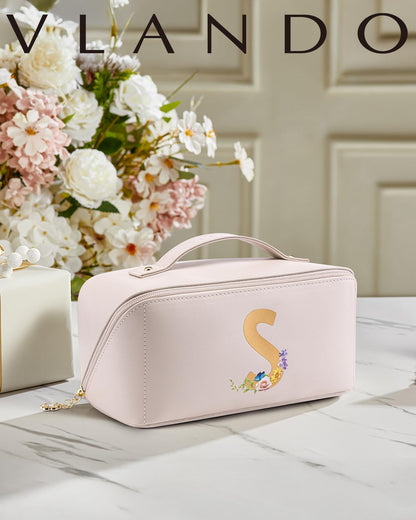 Makeup Bag,Travel Toiletry Bag,Cosmetic Bag for Women PU Leather Portable Make up Bag for Skincare, Brushes & Travel Essentials-Pink