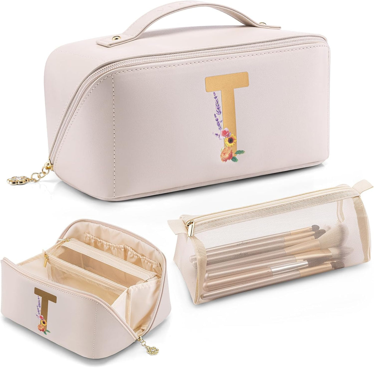 Makeup Bag,Travel Toiletry Bag,Cosmetic Bag for Women PU Leather Portable Make up Bag for Skincare, Brushes & Travel Essentials-Pink