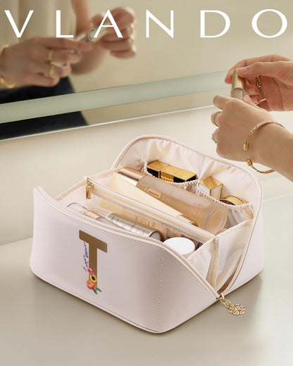 Makeup Bag,Travel Toiletry Bag,Cosmetic Bag for Women PU Leather Portable Make up Bag for Skincare, Brushes & Travel Essentials-Pink