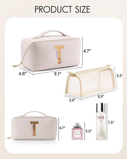 Makeup Bag,Travel Toiletry Bag,Cosmetic Bag for Women PU Leather Portable Make up Bag for Skincare, Brushes & Travel Essentials-Pink