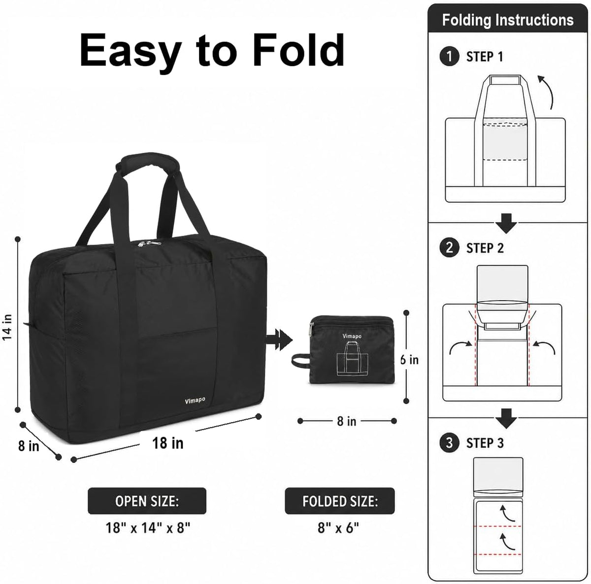 Foldable Travel Duffle Bag with Trolley Sleeve 40L Capacity, Lightweight Packable Travel Duffel Bags with the Keyhole Zipper, Weekender Overnight Nylon Carry on Bag for Men & Women, Black
