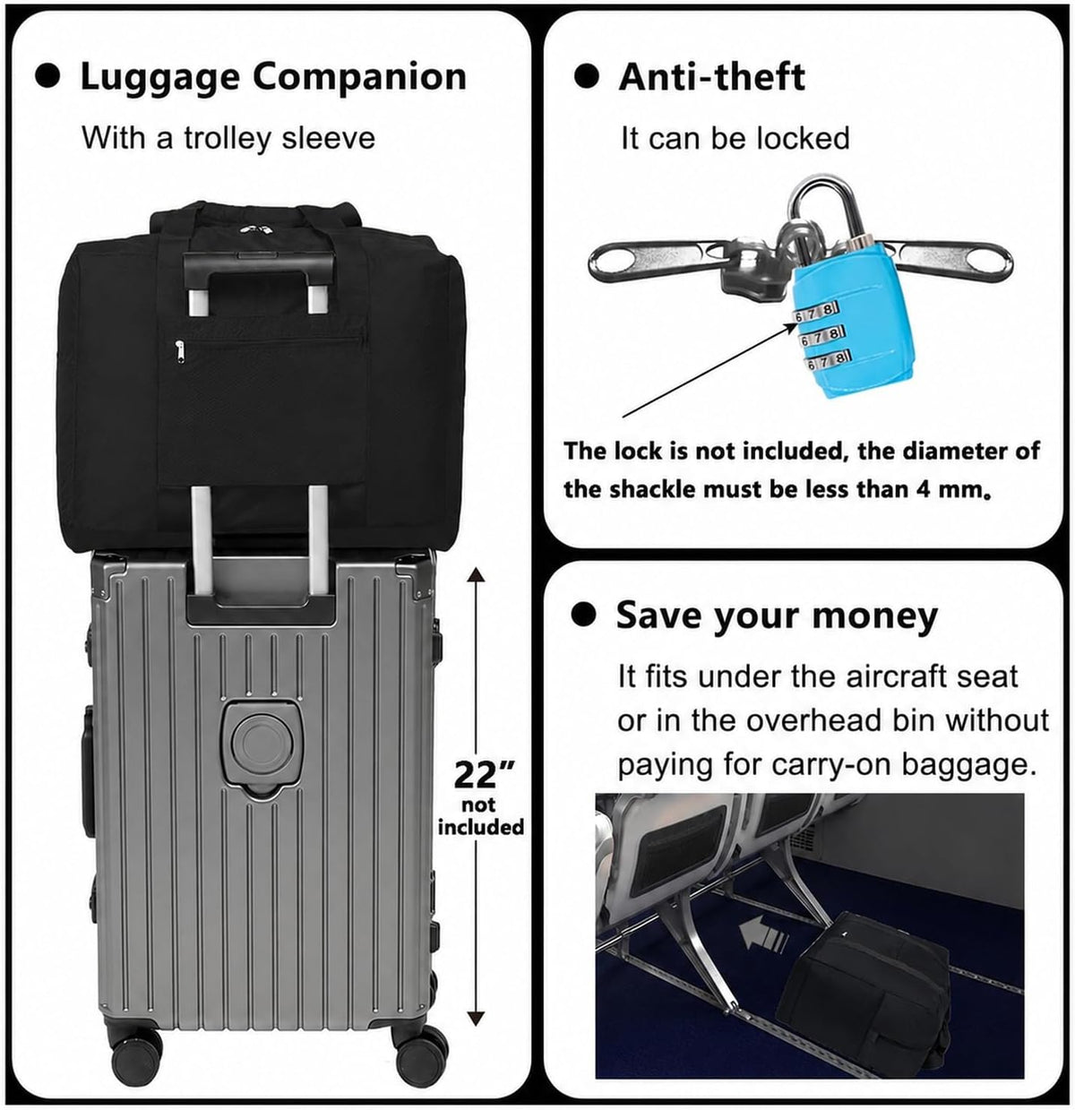 Foldable Travel Duffle Bag with Trolley Sleeve 40L Capacity, Lightweight Packable Travel Duffel Bags with the Keyhole Zipper, Weekender Overnight Nylon Carry on Bag for Men & Women, Black