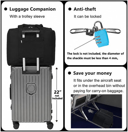 Foldable Travel Duffle Bag with Trolley Sleeve 40L Capacity, Lightweight Packable Travel Duffel Bags with the Keyhole Zipper, Weekender Overnight Nylon Carry on Bag for Men & Women, Black