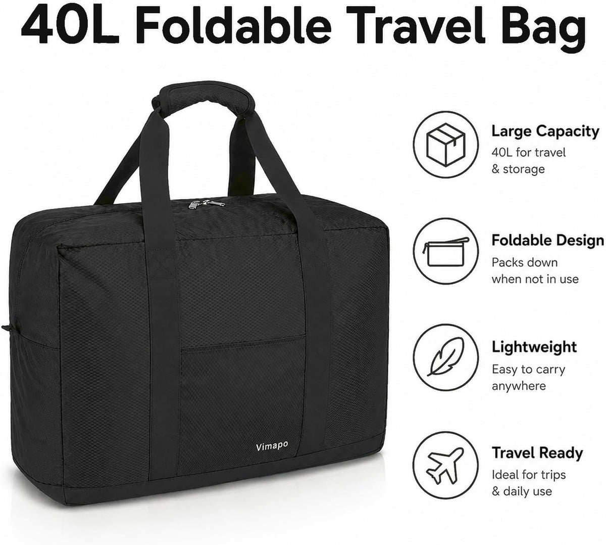 Foldable Travel Duffle Bag with Trolley Sleeve 40L Capacity, Lightweight Packable Travel Duffel Bags with the Keyhole Zipper, Weekender Overnight Nylon Carry on Bag for Men & Women, Black