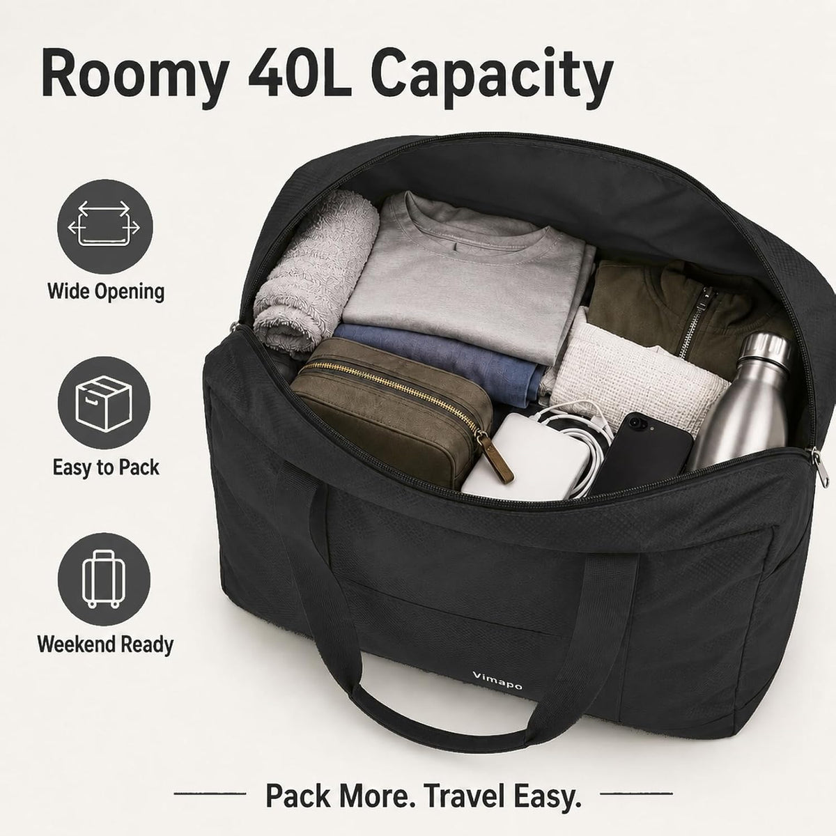 Foldable Travel Duffle Bag with Trolley Sleeve 40L Capacity, Lightweight Packable Travel Duffel Bags with the Keyhole Zipper, Weekender Overnight Nylon Carry on Bag for Men & Women, Black