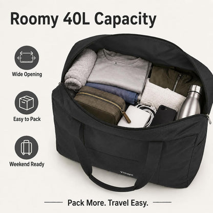 Foldable Travel Duffle Bag with Trolley Sleeve 40L Capacity, Lightweight Packable Travel Duffel Bags with the Keyhole Zipper, Weekender Overnight Nylon Carry on Bag for Men & Women, Black