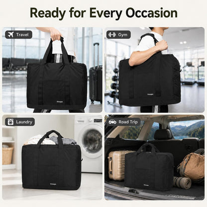 Foldable Travel Duffle Bag with Trolley Sleeve 40L Capacity, Lightweight Packable Travel Duffel Bags with the Keyhole Zipper, Weekender Overnight Nylon Carry on Bag for Men & Women, Black