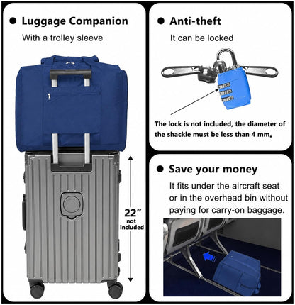 Foldable Travel Duffle Bag with Trolley Sleeve 40L Capacity, Lightweight Packable Travel Duffel Bags with the Keyhole Zipper, Weekender Overnight Nylon Carry on Bag for Men & Women, Black