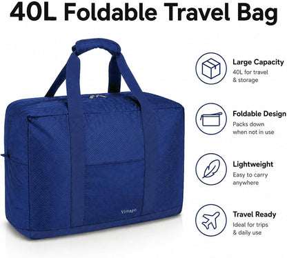Foldable Travel Duffle Bag with Trolley Sleeve 40L Capacity, Lightweight Packable Travel Duffel Bags with the Keyhole Zipper, Weekender Overnight Nylon Carry on Bag for Men & Women, Black