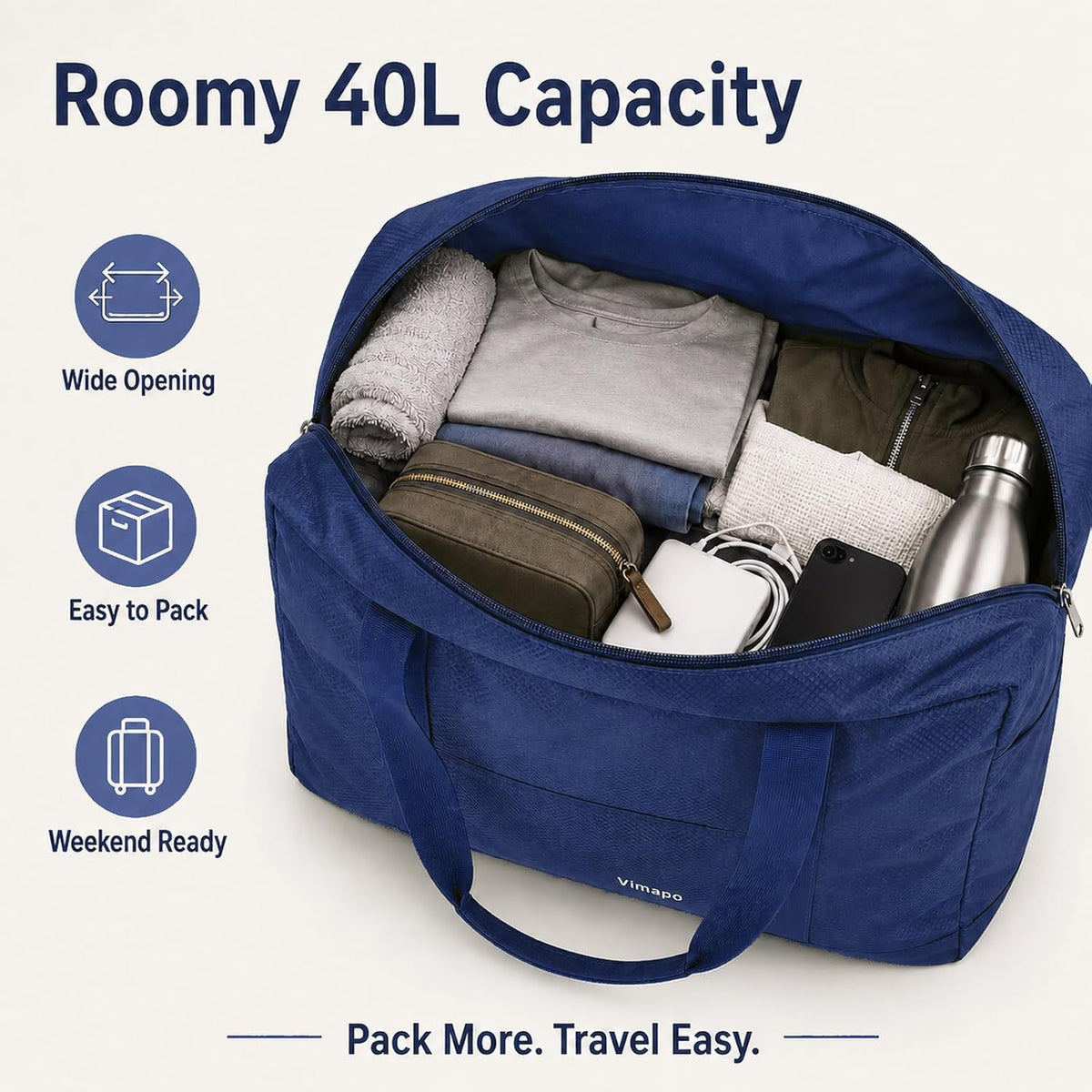 Foldable Travel Duffle Bag with Trolley Sleeve 40L Capacity, Lightweight Packable Travel Duffel Bags with the Keyhole Zipper, Weekender Overnight Nylon Carry on Bag for Men & Women, Black