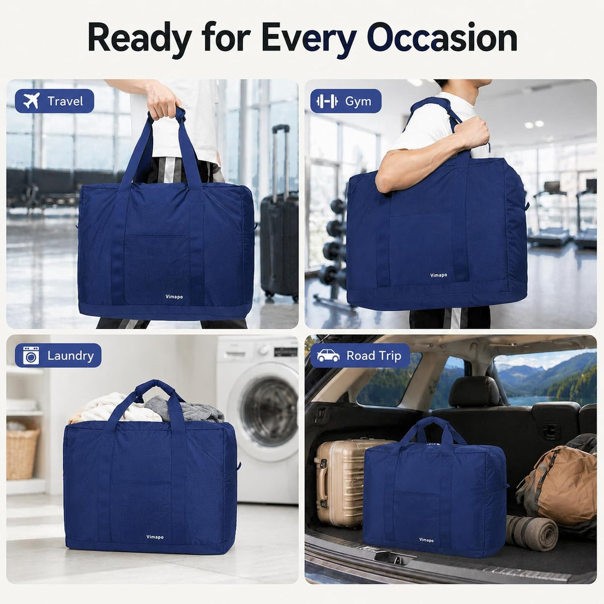 Foldable Travel Duffle Bag with Trolley Sleeve 40L Capacity, Lightweight Packable Travel Duffel Bags with the Keyhole Zipper, Weekender Overnight Nylon Carry on Bag for Men & Women, Black
