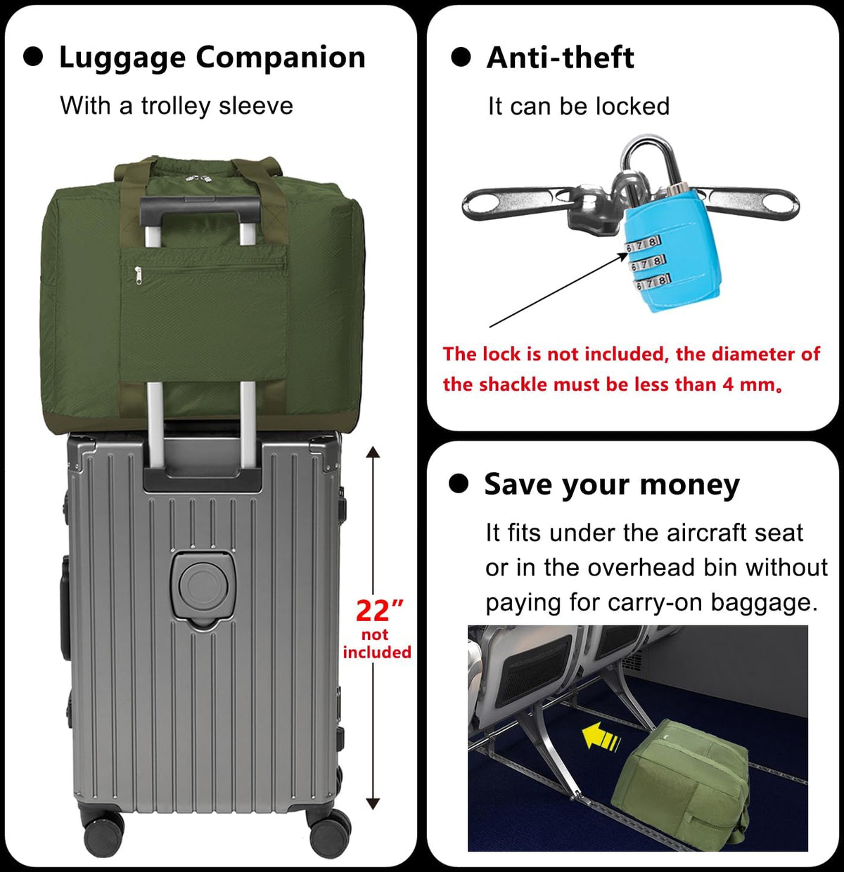 Foldable Travel Duffle Bag with Trolley Sleeve 40L Capacity, Lightweight Packable Travel Duffel Bags with the Keyhole Zipper, Weekender Overnight Nylon Carry on Bag for Men & Women, Black
