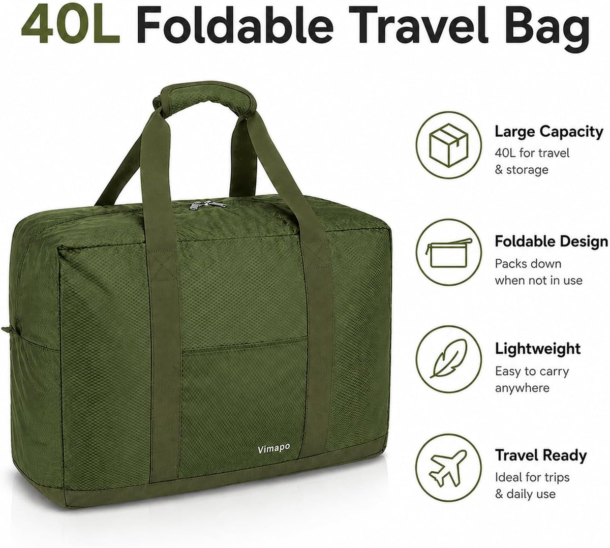 Foldable Travel Duffle Bag with Trolley Sleeve 40L Capacity, Lightweight Packable Travel Duffel Bags with the Keyhole Zipper, Weekender Overnight Nylon Carry on Bag for Men & Women, Black